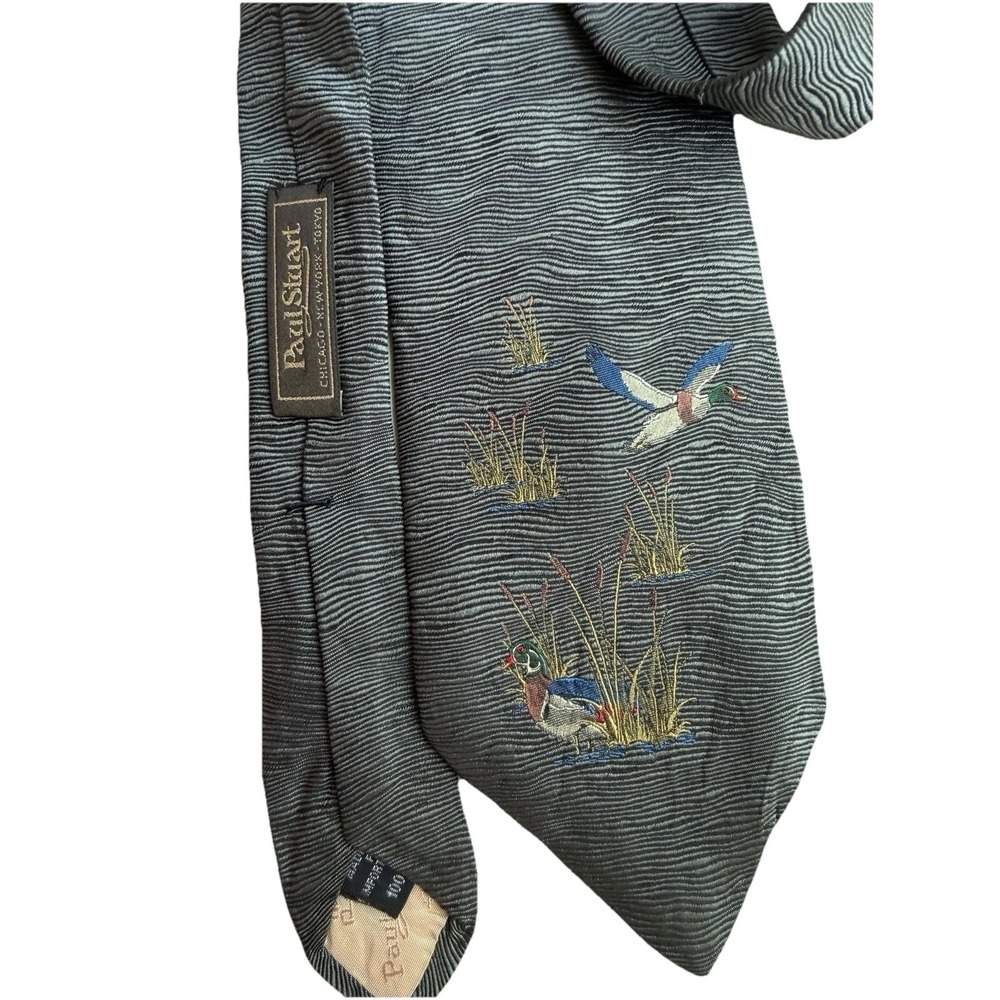 VTG Paul Stuart Silk Tie Embroidered Mallard Duck Motif Grey Ribbed Silk Rare